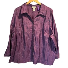 Catherine's Blouse Size 1X Women's Petite Purple Plum Embroidery Cottage Boho 