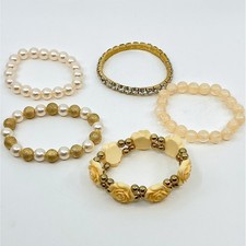 Vintage Retro 5pc Bracelet Set Gold Tone Faux Pearl Rose Rhinestone Cream Y2K