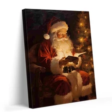 Santa Reading Book Christmas Wall Art Vintage Framed Canvas Prints Posters