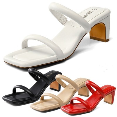 Women Slide Sandals Low Chunky Block Heeled Sandals Square Toe Dress Shoes