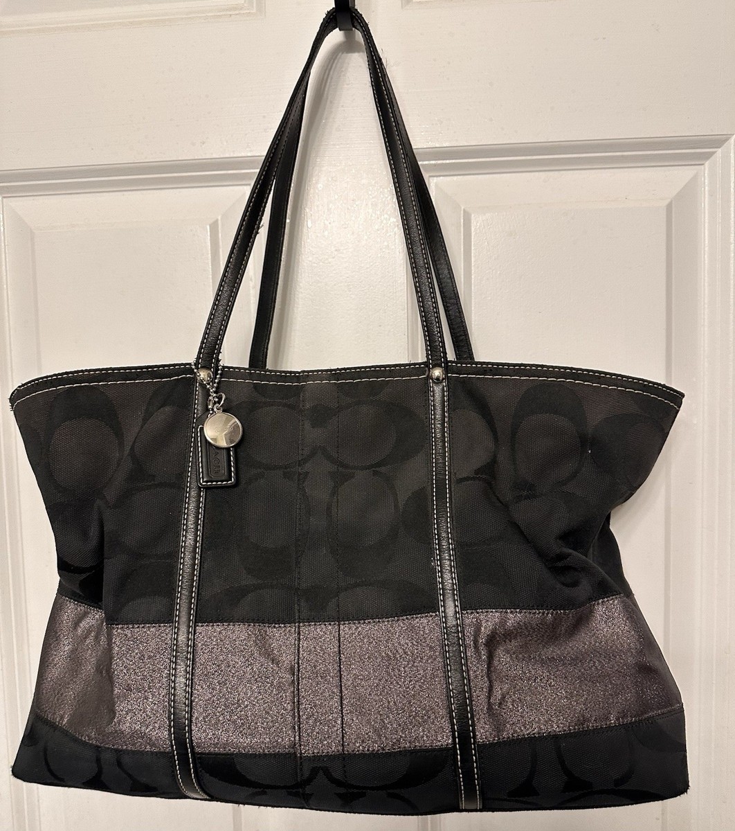 COACH Signature Logo Tote Purse Bag Black & Silver/Grey 