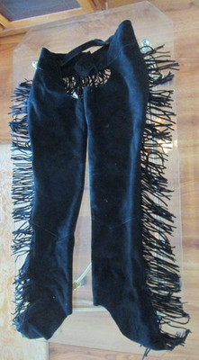 EQUIP-GRIP MEDIUM WOMENS WESTERN SHOW  BLACK SUEDE FRINGE CHAPS WAIST 22''-32''