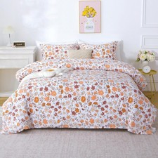 Duvet Cover King Size, 3 Piece Orange and Red Floral Duvet Cover Set with Zipper