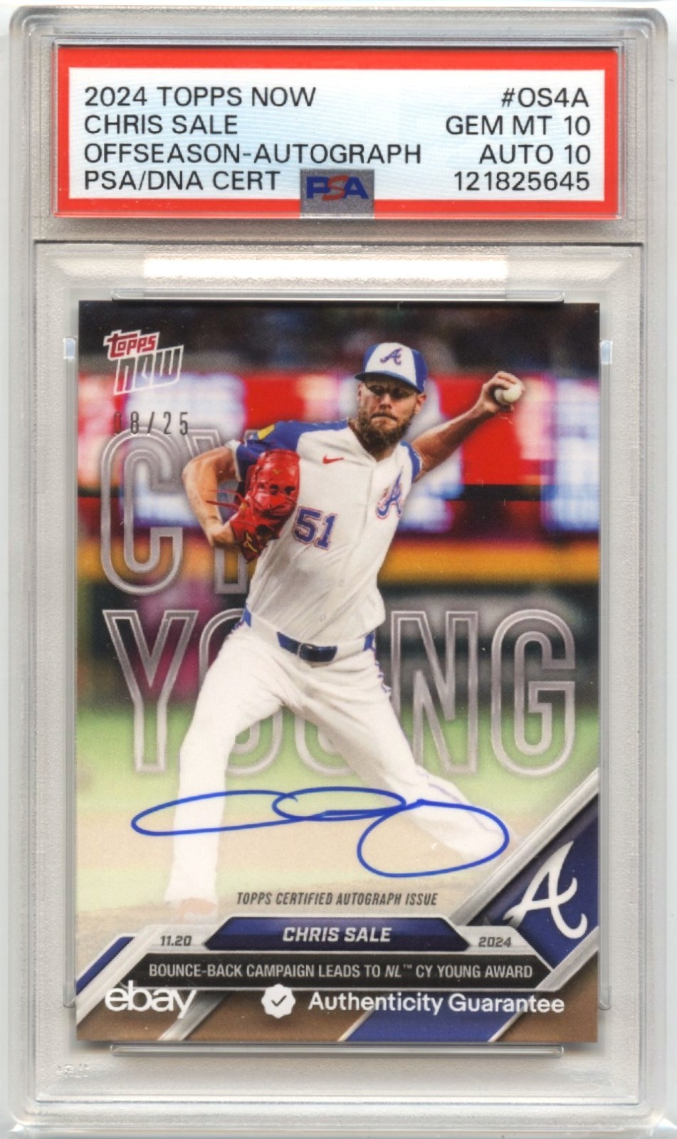 CHRIS SALE 'CY YOUNG' AUTO 8/25 PSA 10 Gem Mint! 2024 TOPPS NOW OFF-SEASON #OS4A