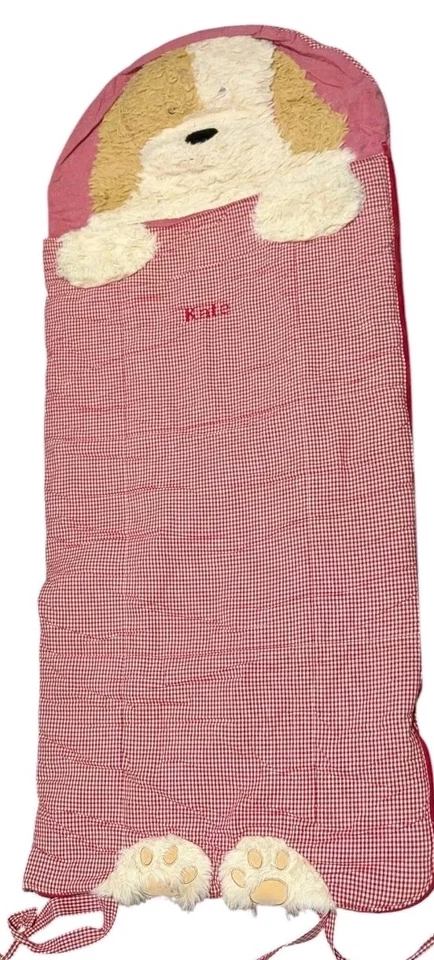 Saco de dormir Pottery Barn Kids cabeza peluda cachorro perro rojo guinga cuadros Kate Girl Foto 2 de 4