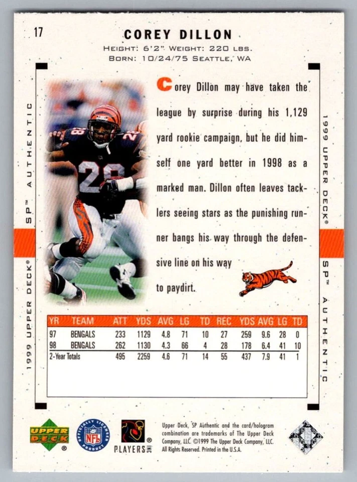 1999 SP Authentic Corey Dillon Cincinnati Bengals #17 - Image 2 of 2