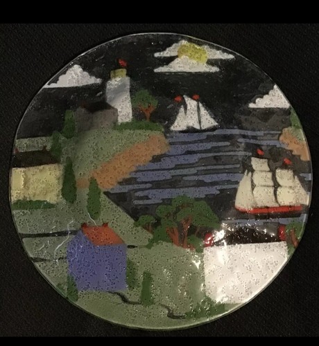 Anne C. Ross Cape Cod Bay Fused Glass Signed Studio Art Plate 8.5" Lighthouse - Picture 3 of 3
