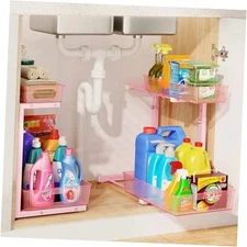 Under Sink Organizer Bathroom, Under Cabinet Organizer with 2 Pack Pink+Pink