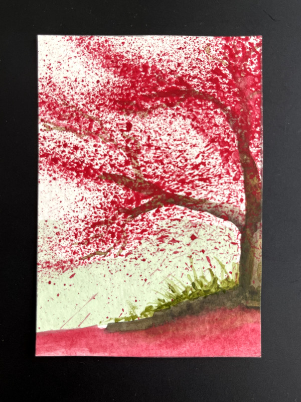 ACEO Original, Abstract Red Tree,  Mini Art Painting by Annibbie