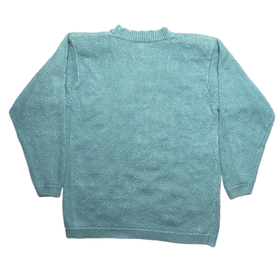 复古 90 年代休闲转角挂毯毛衣 S 刺绣花卉蓝绿色拉米丝绸针织 — 第 2/4 张图片