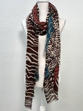 78"x42" Large Rectangle Tribal Print SCARF Wrap Brown Maroon Teal Chiffon EUC