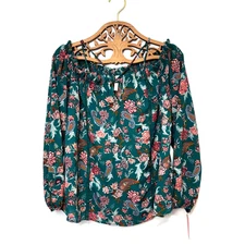 New Blouse Floral Green Xhilaration Peasant Style Boho Colorful Sheer Womens XS