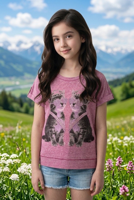 Self Esteem  Heather Pink Rhinestone Kitten Graphic Tee (L) EUC