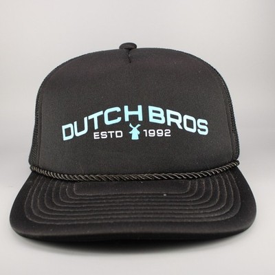 Dutch Bros Hat Cap Mens Black Strap Back Black Foam Front Rope Trucker Coffee