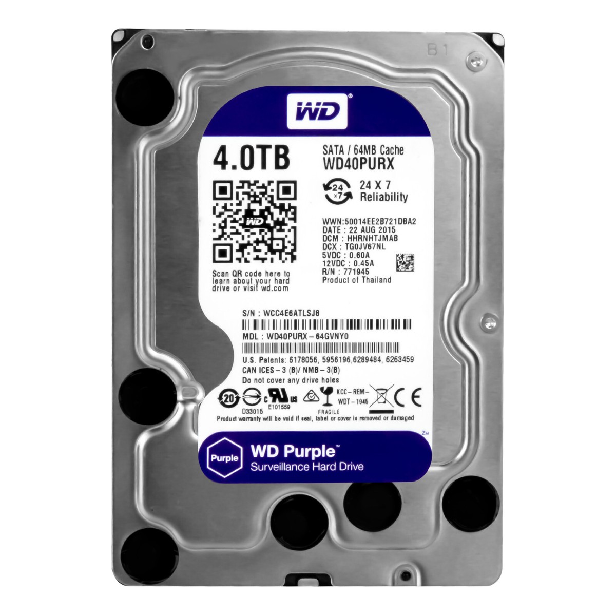 Hard Drive WD Purple WD40PURX 4TB 5.4K 64MB SATA III 3.5 Hard Drive WD Purple WD40PURX 4TB 5.4K 64MB SATA III 3.5