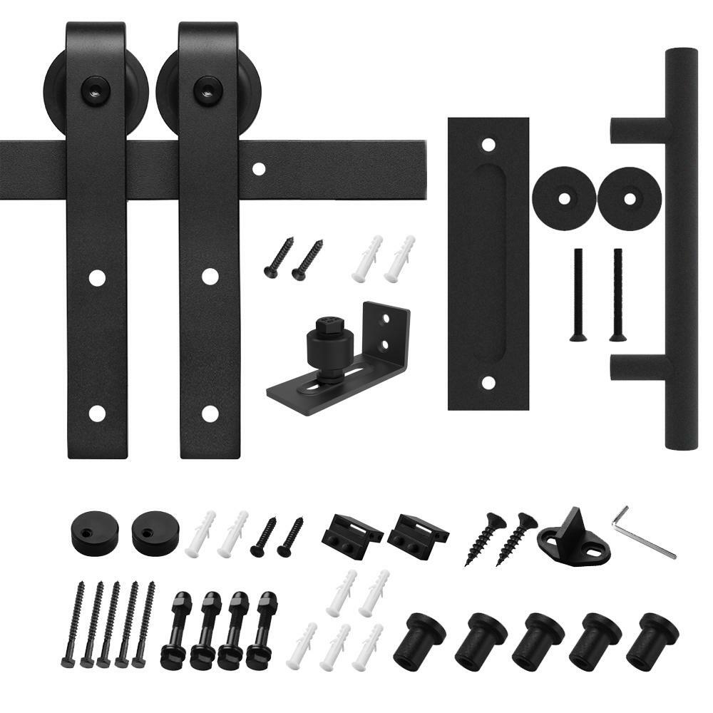 6.6 ft./79 in. Black Steel Strap Sliding Barn Door Track and Hardware Kit with 12 in. Cylinder Handle and Floor Guide 6.6 ft./79 in. Black Steel Strap Sliding Barn Door Track and Hardware Kit with 12 in. Cylinder Handle and Floor Guide