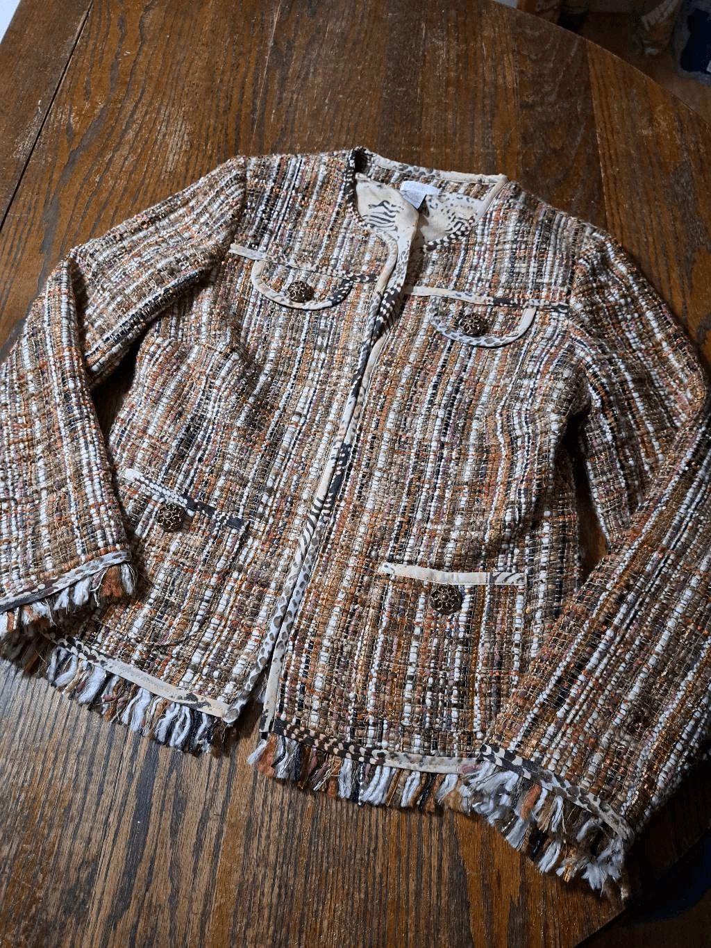OFF WHITE Blazer giacca girocollo orlo grezzo tweed taglia piccola 4 Chicos taglia 0 neutro autunno