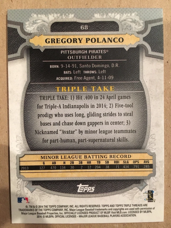 2014 Topps Triple Threads #68 Gregory Polanco Pittsburgh Pirates - Image 2 of 2