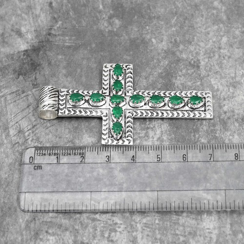 Emerald Gemstone Cross Pendant 925 Sterling Silver Handmade Jewelry Wadding Gift - Picture 2 of 5