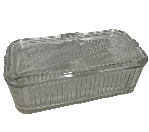 Vintage Federal Glass Clear Ribbed Refrigerator Dish Food Storage Embossed Lid