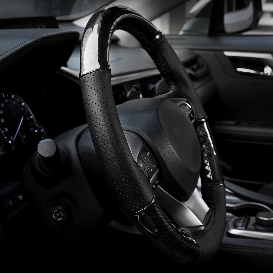 Capa de volante de carro preta fibra de carbono couro faça você mesmo costura interiores 15"" - Imagem 3 de 4