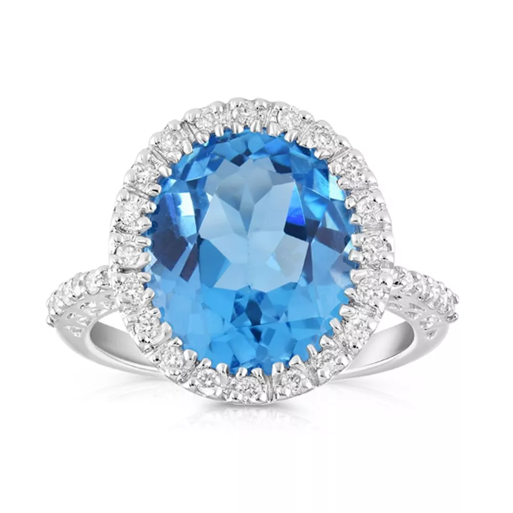 9ct or Blanc 0.24ct Diamant 5.18ct Topaze Bleu Bague Cocktail