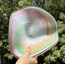 Vtg MCM Italian Murano Art Glass Swirl Bowl Pink,Orange,Green 9.5 in Stunning 