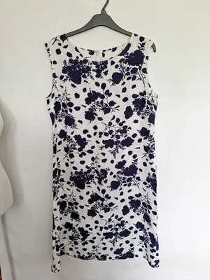 Linen Blend Midi Dress Size 20 Navy Blue White Floral Back Zip Sleeveless Slit - Image 1 of 4