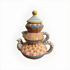 Mackenzie Childs Wallcourt Stacking Ceramic Tea Set Teapot, Creamer, Sugar, Lid