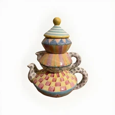 Mackenzie Childs Wallcourt Stacking Ceramic Tea Set Teapot, Creamer, Sugar, Lid