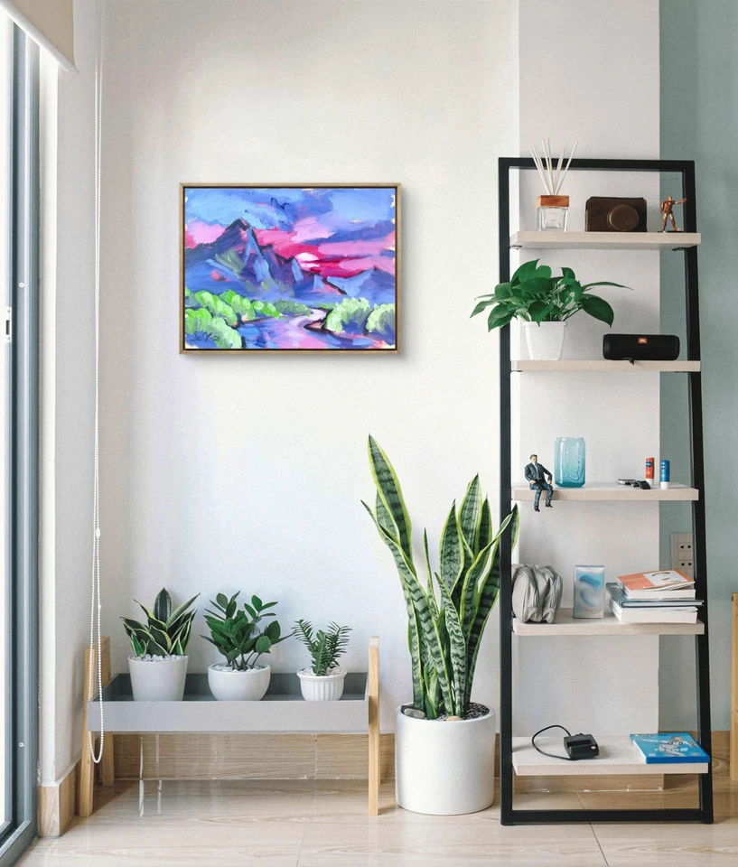 Pintura al óleo original 12x16 lienzo puesta de sol río valle neoexpresionista Foto 3 de 4