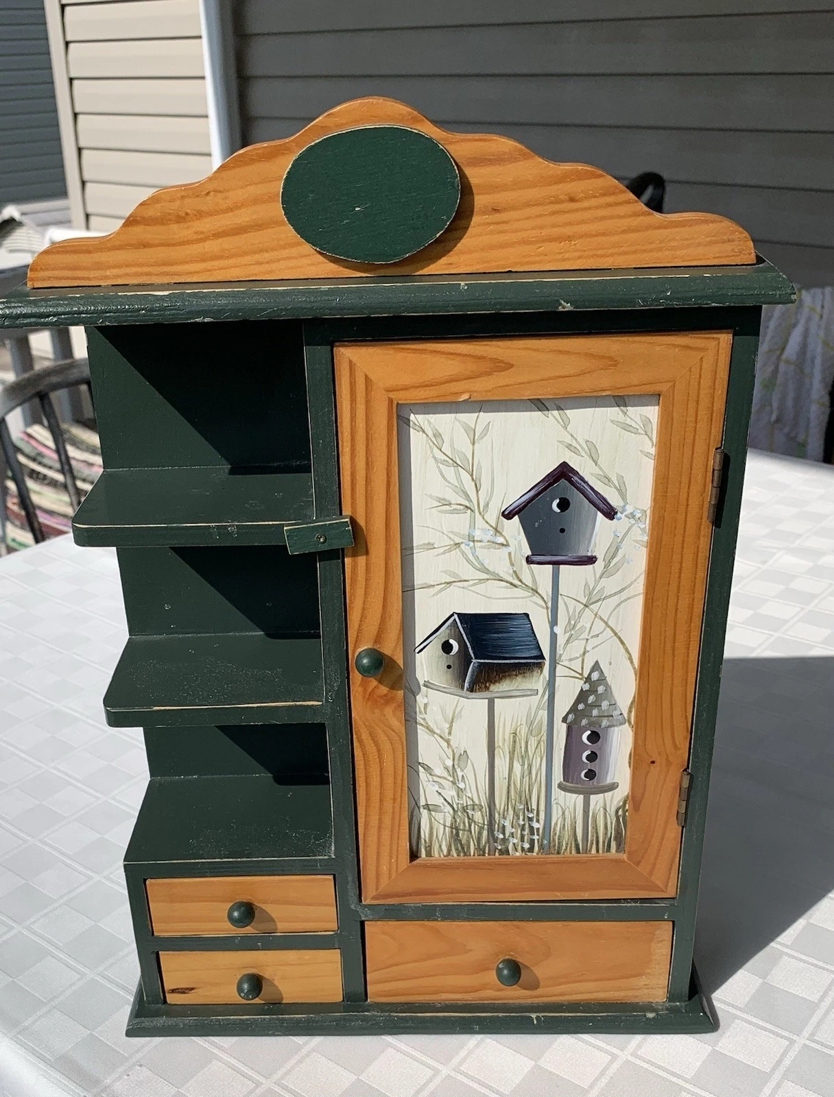 Bird house Hanging Shelf With 3 Drawers/Door That Opens 17” X 12” X 5”