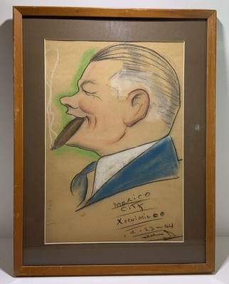 Vtg Man Profile W Cigar Xochimilco 1944 Caricature Rare Signed Art Mexico City