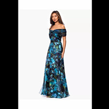 Adrianna Papell Off-Shoulder Floral Chiffon Maxi Dress Size 10 Blue