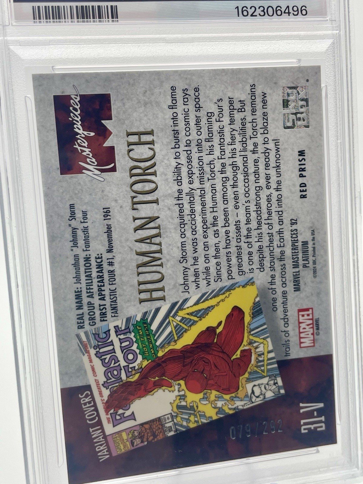 2024 Marvel Masterpieces '92 Platinum HUMAN TORCH - Variant Red Prism VC- PSA 10 view 3