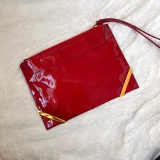 $276 Nwot | Italy 100% Patent Leather Red Gold Wristlet Flat Envelope Clutch 