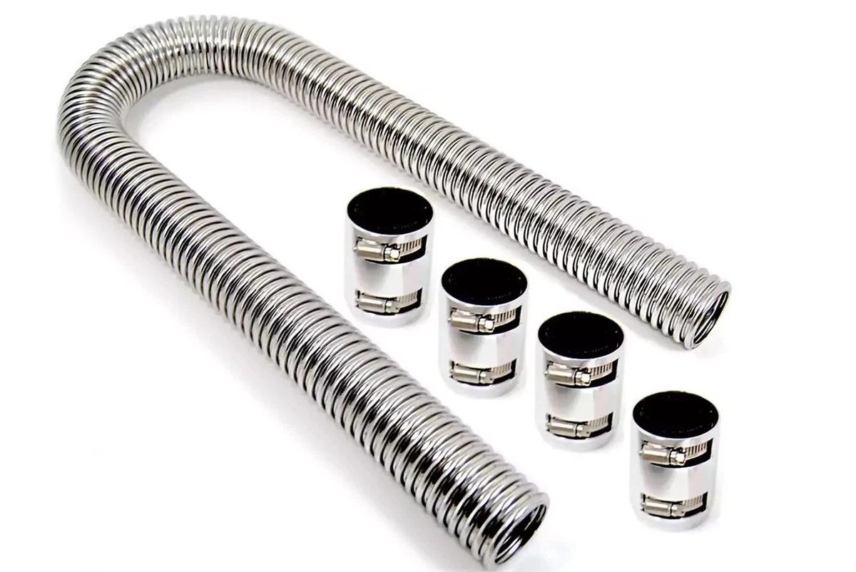 A 48-inch piece of flexible steel radiator hose displayed with hose clamps on a white background.
