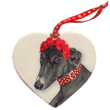 Greyhound, Black Greyhound, Porcelain Valentine's Day Heart Ornament Double-side