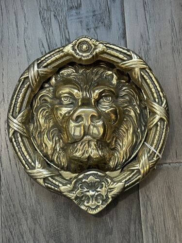 HUGE antique ornate figural gold gilt bronze brass front door lion head knocker