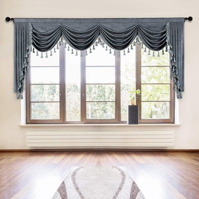 Grey Chenille Swag Waterfall Window Curtains Valance for Living Room Modern Vala