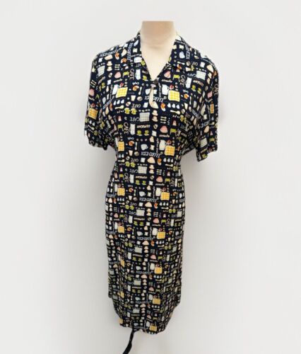 VTG David Dart Coffee All Over Print Midi Dress L Novelty Black Short Sleeve