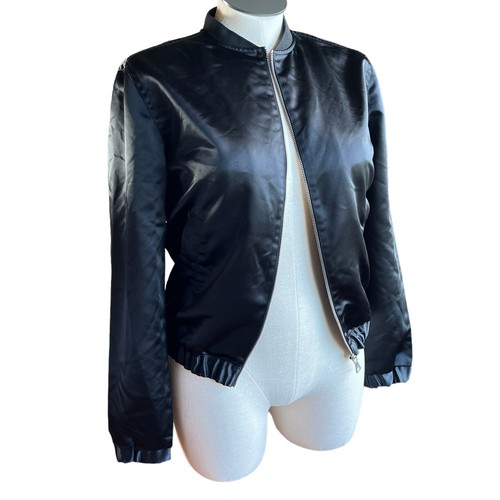 H&M Women's Black Satin Bomber Jacket Zip Closure, Size Sm - Med see description