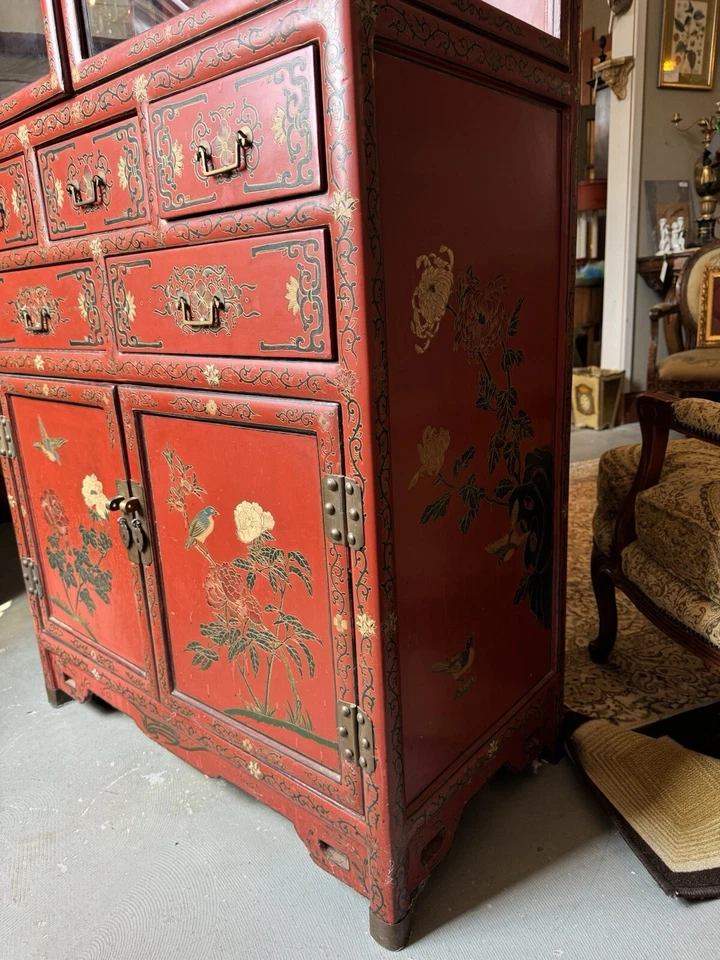 Vintage Two Cupboard Five Drawer Hand Painted Chinoiserie Cabinet - Image 3 of 4