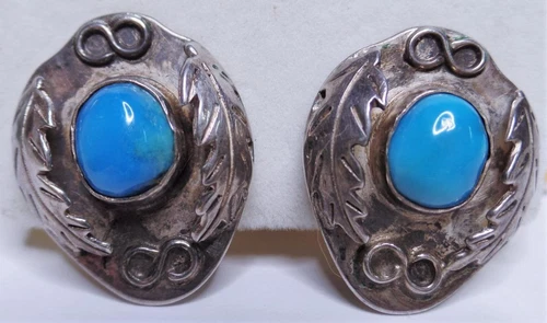NICE OLD PAWN NAVAJO WS SIGNED BLUE GEM TURQUOISE STERLING FEATHER LEAF EARRINGS