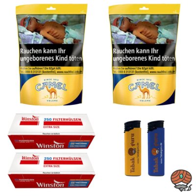 Camel Volumentabak Beutel 2x 102g + 500 Winston Extra Hülsen + 2 Feuerzeuge