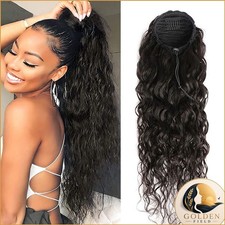 Drawstring Ponytail Water Wave 100 Brazilian Human Hair 12 Inches Natural Black