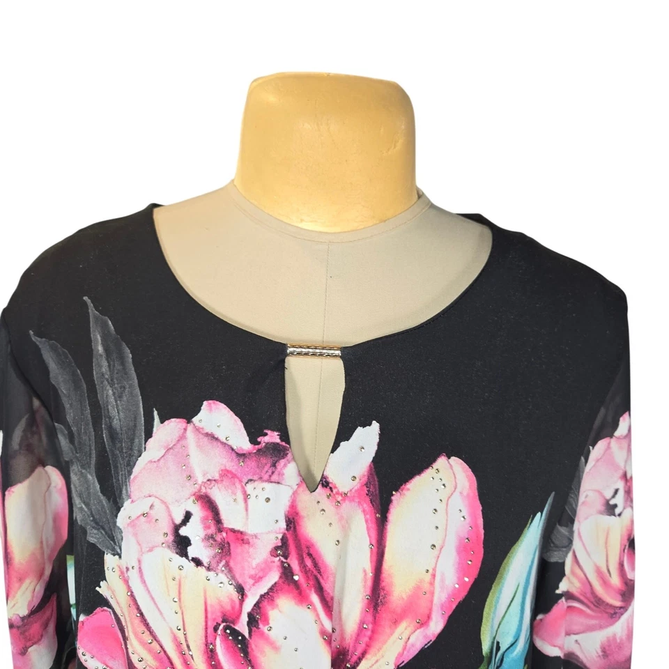 JM Collection 3X Floral Tunic Top Black Sheer Sleeves Watercolor Stretch Knit - Image 4 of 4