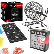 Kyto Bingo Spiel Metalltrommel, RIESEN SET mit 500 Bingokarten, Spielbrett 