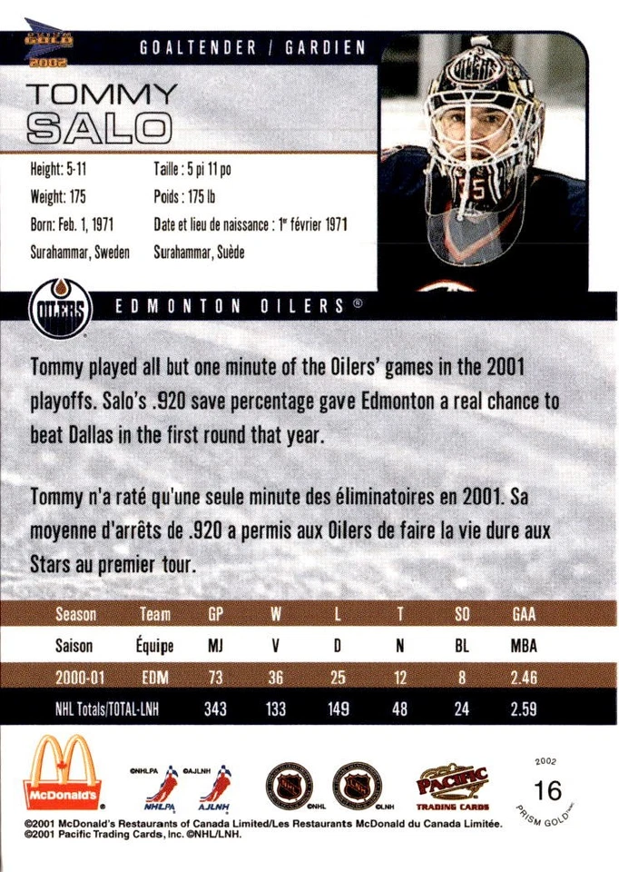 2001-02 Pacific Prism Gold McDonald's #16 Tommy Salo Edmonton Oilers - Image 2 of 2
