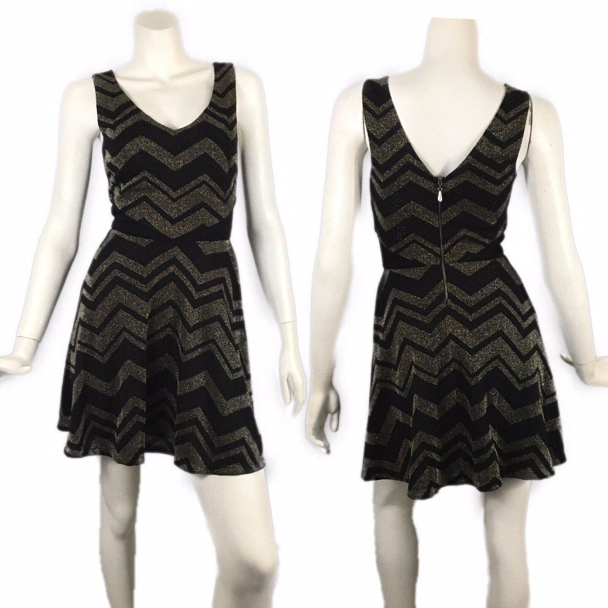 Be Bop Mini Dress Black Gold Chevron Dress XS Sparkle Shimmer Fit Flare Short Be Bop Mini Dress Black Gold Chevron Dress XS Sparkle Shimmer Fit Flare Short